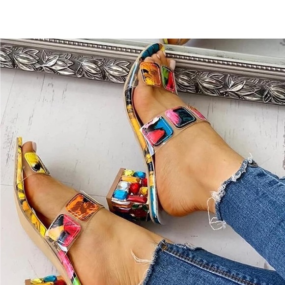 Fashion Nova Colorful Jeweled Block Heel Sandals | Clear Strap Statement Heels - Picture 2 of 9